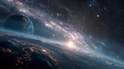 Epic Outer Space Galaxy Horizon with Planets and Nebulae