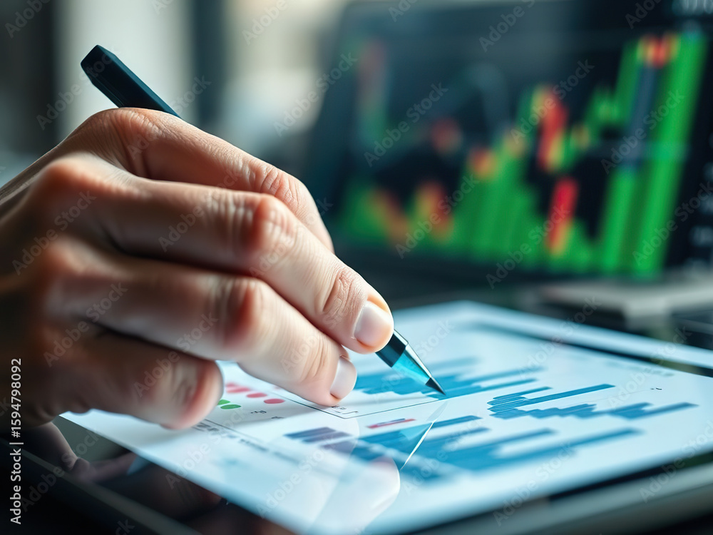 Poster close up of hand holding stylus, analyzing financial data on digital tablet with colorful graphs and