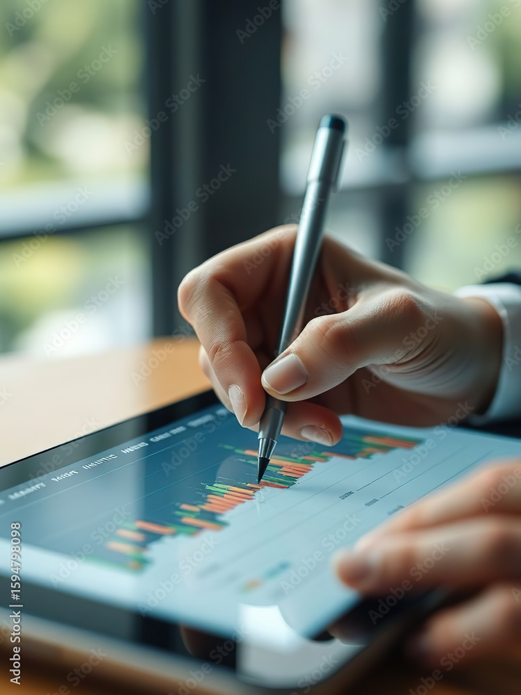 Poster person analyzing financial data on tablet with stylus, focusing on colorful bar charts in modern off