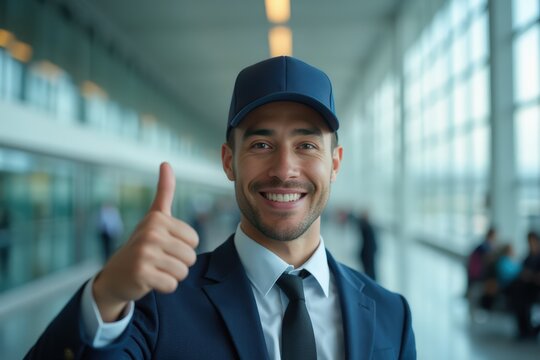 Crew member showing thumbs up in airport - Powered by Adobe