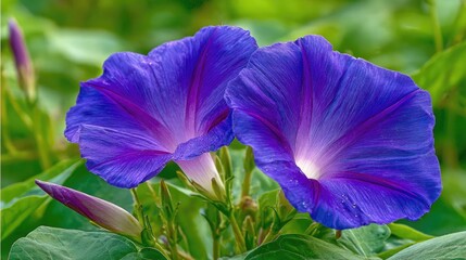 Two vibrant morning glories in full bloom.