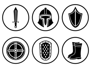 Collection of medieval warrior equipment icons including sword helmet and shields
