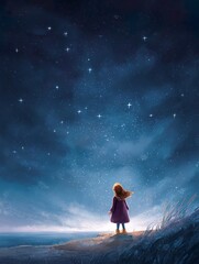 Dreamy Illustration of a Little Girl Gazing at a Starry Night Sky on a Cliff