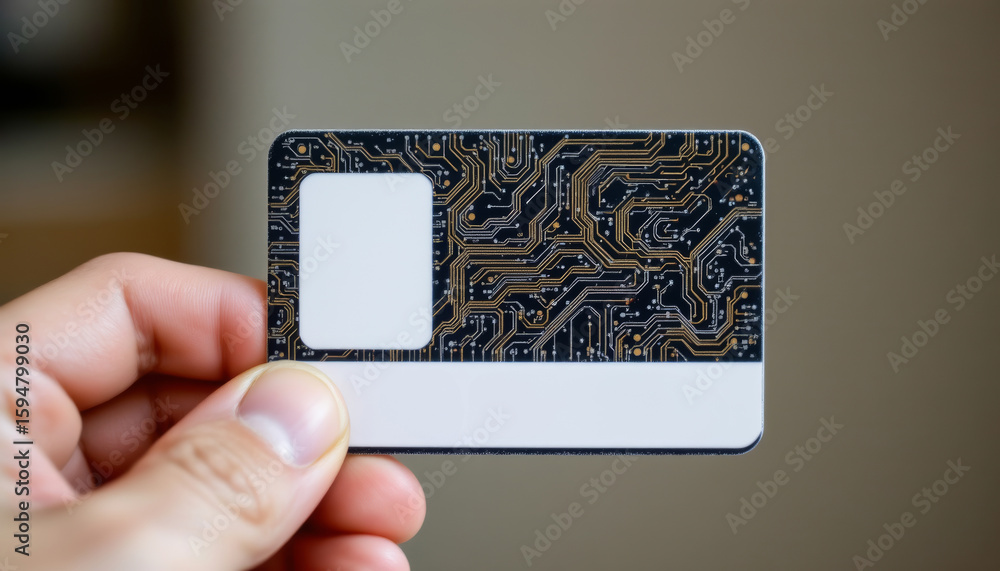 Poster a close-up image of a modern electronic card with intricate circuit patterns, highlighting technolog