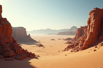 Desert landscape with rocky sandstone cliffs and distant mountains under clear sky in golden sunlight, empty wilderness scenery