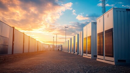 Sunset view of a row of large industrial battery energy storage systems.