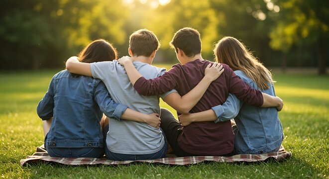 Friendship in Golden Light: Back View of Two Boys and Two Girls Embracing on a Blanket Outdoors, Sharing a Peaceful Sunset Moment