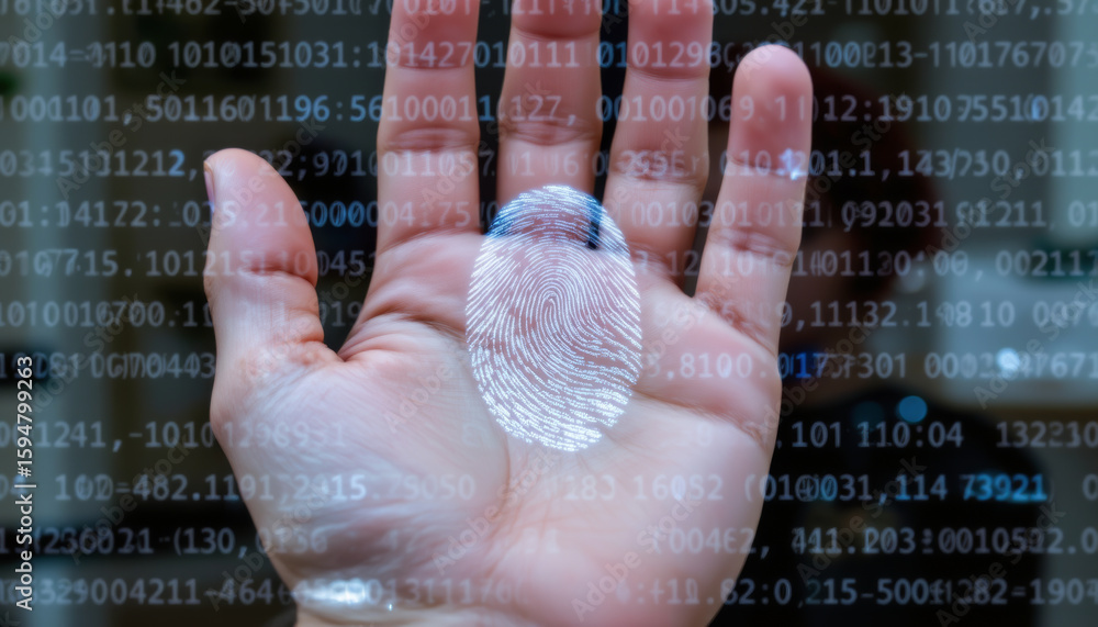 Poster a close-up of a hand showing a fingerprint overlay with digital data in the background, symbolizing 