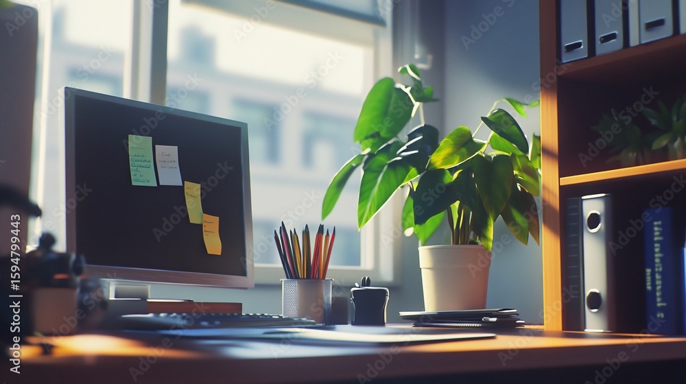 Poster workstation setup with computer and sticky notes on the monitor in a home office