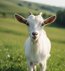Obraz premium The image shows a Saanen goat. The Saanen goat originates from the Saanen Valley in Western Switzerland. Physical Features: This goat has short white or cream-colored fur, a straight nose, a triangula