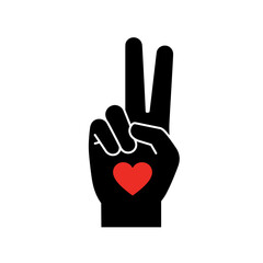 Peace hand gesture icon with heart on transparent background
