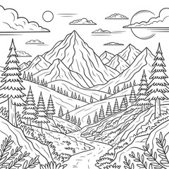 seamless pattern with trees and mountains coloring page