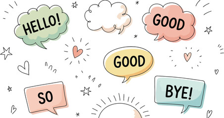 Speech Bubbles with Messages, HandDrawn Style, Hello Good and Bye, on White Background
