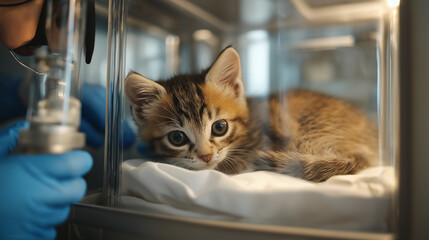 Sick tabby kitten in incubator receiving oxygen therapy