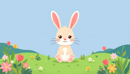 Fototapeta premium A cute cartoon rabbit sitting in a colorful flower meadow under a clear blue sky.
