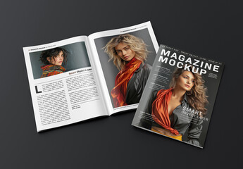 Magazine Cover and Open Magazine Mockup On Black Background