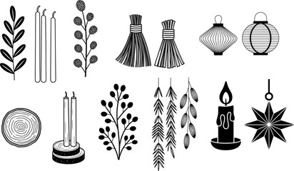 A refined collection of bold black silhouettes showcasing Christmas decorations, including candles, branches, ornaments, and other festive elements for holiday-themed designs.