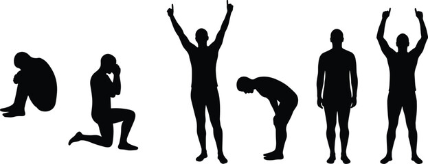 Emotional stages of man silhouette set showing depression, struggle, exhaustion, hope, motivation, success and mental health recovery vector illustration