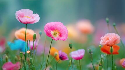 Fototapeta premium Vibrant flowers in a field of pastel colors.