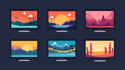 Collection of website page templates in flat design style. Clean, modern layouts suitable for various types of websites, featuring simple shapes, bold colors, and user-friendly interfaces.
