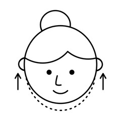 Face lift line icon. Woman’s face with lifting arrows, symbolizing facelifting, cosmetic surgery, anti-aging treatments, and beauty industry procedures. Clinic youth glow symbol. Vector illustration. 