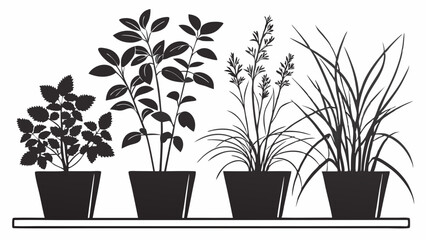 Fototapeta premium Four diverse potted indoor plants in black silhouette vector illustration on a shelf, ideal for modern minimalist home decor and botanical design elements