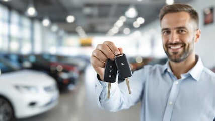 A Happy Buyer: A satisfied customer radiates joy as he holds the keys to his brand-new car in a sunlit dealership. Capturing the essence of excitement and the thrill of ownership.