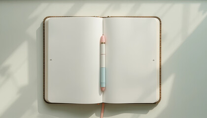 Top view of open blank notebook with pastel pen placed in center under soft natural sunlight and leaf shadows for journaling, planning, writing, or mindfulness concept (174 characters)
