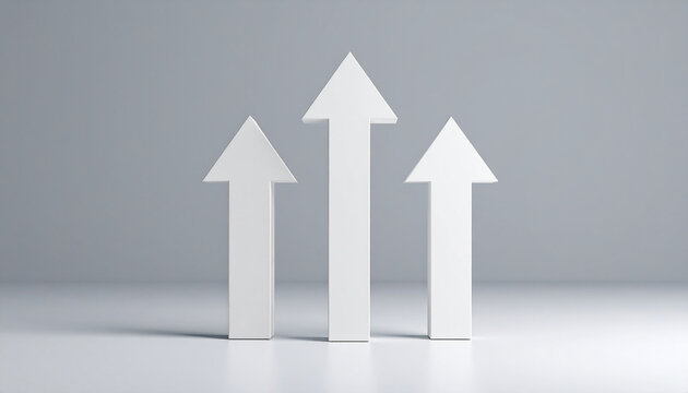 Three white wooden arrow pointing upwards on gray. Business, market decline or economic.