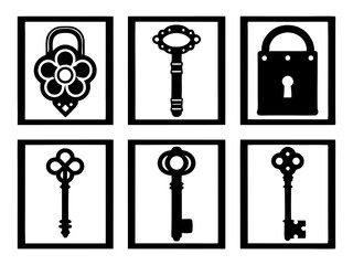 Collection of vintage keys and locks in black and white silhouettes