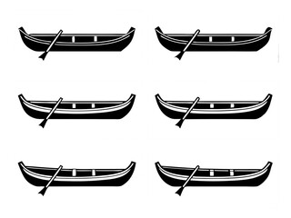 Six simple black silhouettes of canoes with paddles on white backgrounds