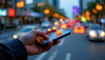 A hand holding a smartphone with illuminated notifications against a blurred city street background at dusk.