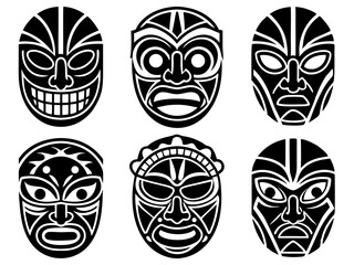 Collection of six tribal tiki masks with black and white designs