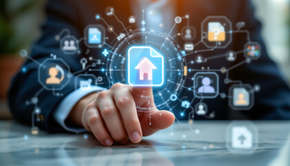 A hand touching a digital home icon surrounded by networking symbols, illustrating modern real estate technology and innovation.