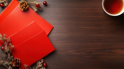 Festive red envelopes with pinecones and berries on a wooden table, accompanied by a cup of tea.