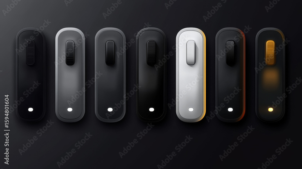 Poster set of realistic toggle switch buttons showing on and off states. includes black, gray, white, and c