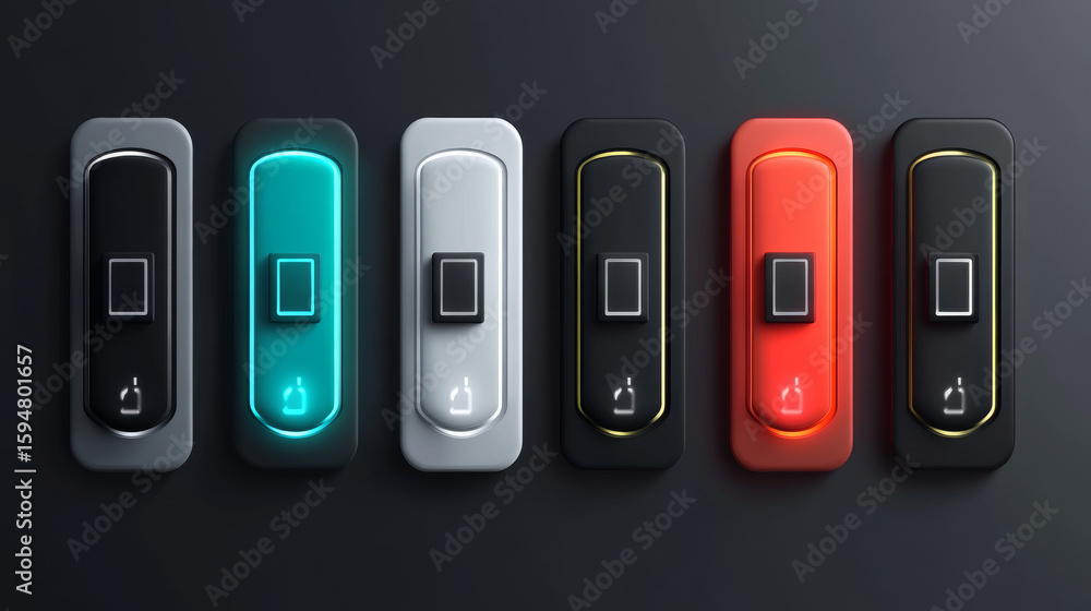 Poster set of realistic toggle switch buttons showing on and off states. includes black, gray, white, and c