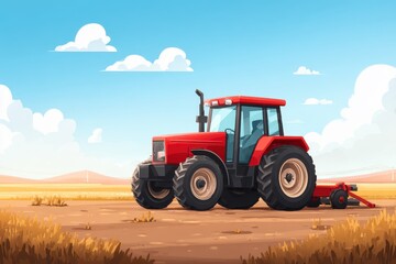 Fototapeta premium A vibrant red tractor working in a golden field under a blue sky with fluffy clouds