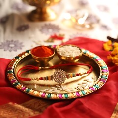 Set of rakhi with kumkum and sweet in thali, raksha bandhan concept