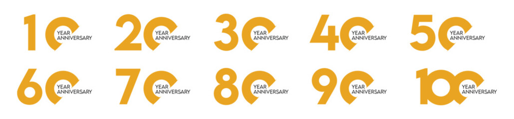 Set of anniversary celebration logo in flat style in golden and black color