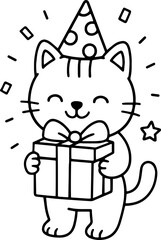 Cute birthday cat with gift. Line art coloring page for kids
