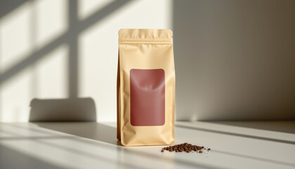 A minimalist coffee bag with an elegant design, showcasing a warm setting with natural light casting shadows.