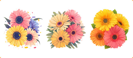 Set of gerberas. Flat vector illustration of gerberas on the white background. Top view. Pink and yellow flowers and green leaves
