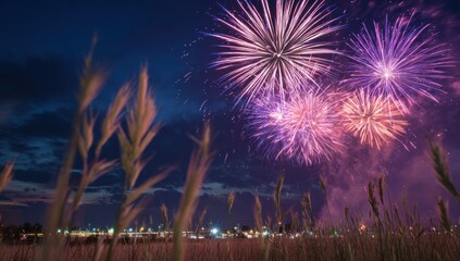Fireworks over a field at night (2)