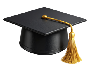  3D black graduation cap with shiny golden tassel in angled perspective, isolated on transparent background PNG