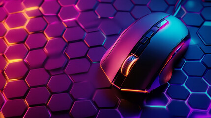Conceptual design for an esports banner showcasing a professional gaming mouse against a hexagonal patterned background.