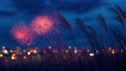 Fireworks over a field at night