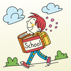 Smiling Cartoon Schoolboy Walking with Book and Backpack – Back to School Illustration
