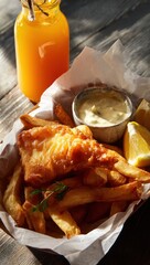 Fish and chips meal on wooden table