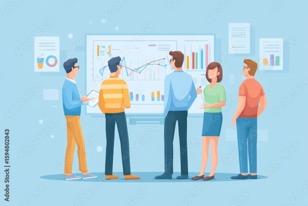 Poster group of professionals analyzing data on a large screen in a modern office setting
